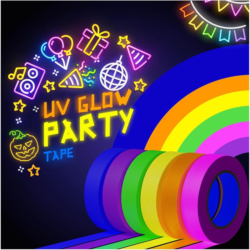 Dexam 6-Pack Neon Gaffer Tape - 0.6 or 1 inch UV Blacklight Reactive Glow in The Dark Tape, Best for Parties, Dance Floors, Theaters & DIY Projects - 6 Vibrant Colors - Image 1